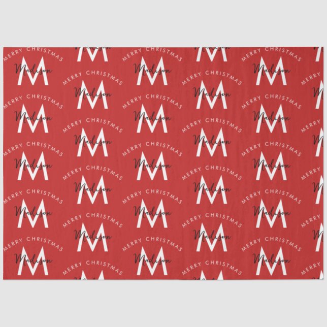 Papier Mousseline Personnalisé moderne Joyeux Noël Monogramme rouge (Recto)