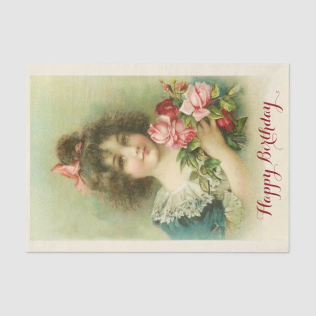 Papier Mousseline Petite fille aux roses roses roses, Anniversaire (Recto)