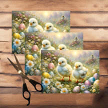 Petits poussins dans la prairie avec oeufs de Pâqu