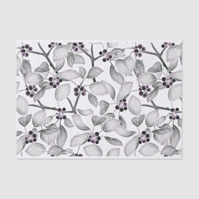 Papier Mousseline Petits raisins et Feuilles noirs et blancs (Recto)