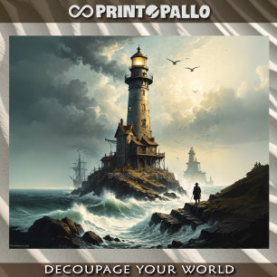 Papier Mousseline Phare dans une mer orageuse avec le gardien