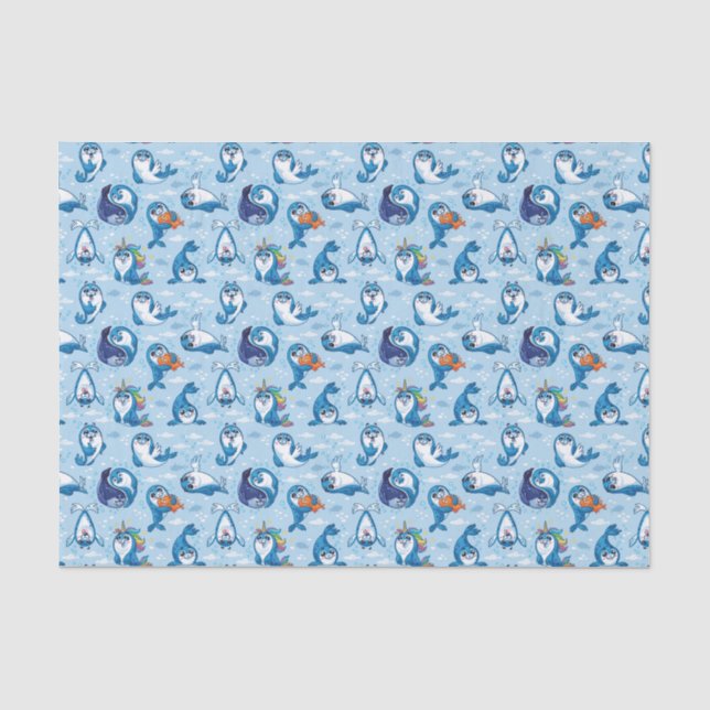 Papier Mousseline Phoques bleu bébé (Recto)