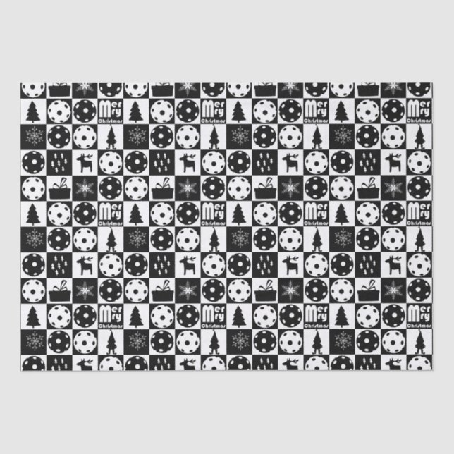 Papier Mousseline Pickleballs Joyeux Noël 🎄 noir et blanc (Recto)