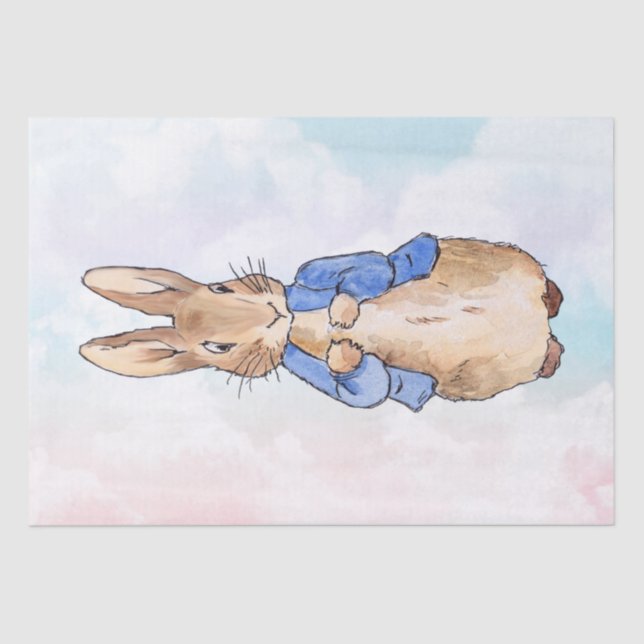 Papier Mousseline Pierre le lapin bleu pastel et nuages roses (Recto)