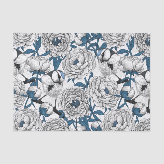 Papier Mousseline Pies blanches et mésanges bleues (Recto)