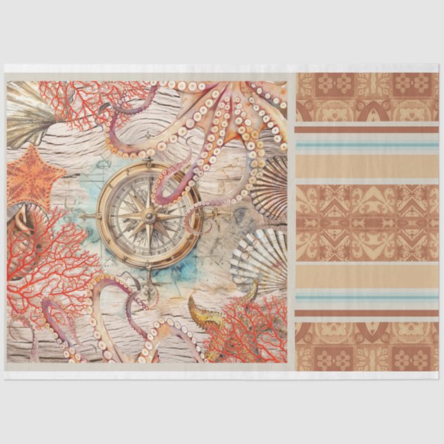 Papier Mousseline Pieuvre, coquilles de corail rose boussole papier  (Recto)