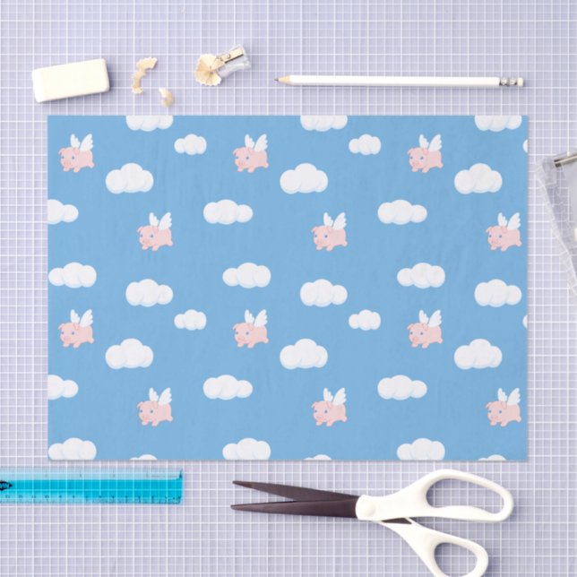 Papier Mousseline Piglet de porc mignon avec ailes sur Motif bleu (Artisanat)