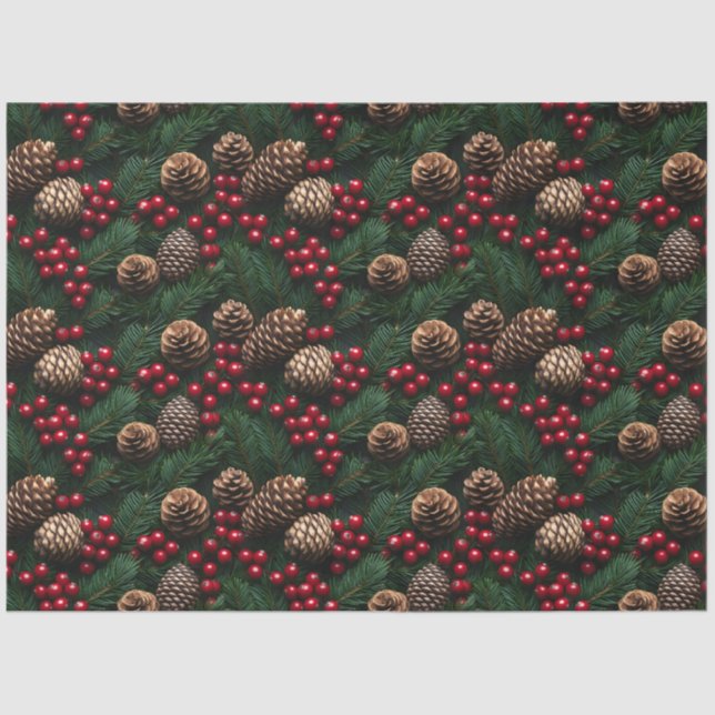 Papier Mousseline Pine Cones Holly Berries Spruce Sprig Motif (Recto)