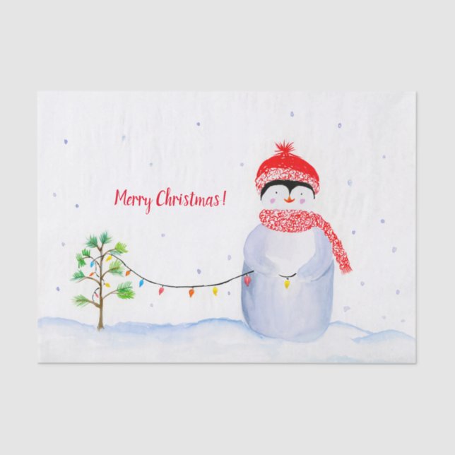 Papier Mousseline Pingouin aquarelle avec lumières de Noël (Recto)