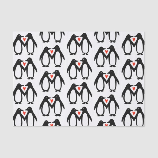 Papier Mousseline Pingouins mignons en amour Saint Valentin, Anniver (Recto)