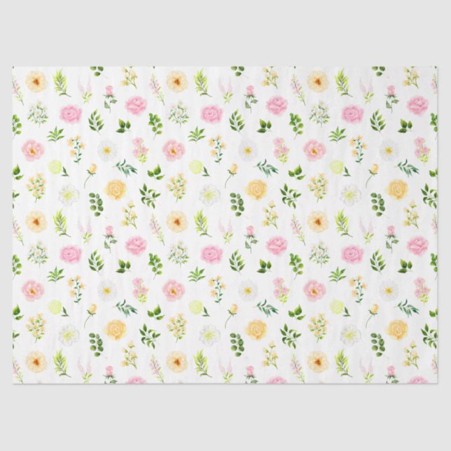 Papier Mousseline Pink and Yellow Flowers with Foliage Pattern (Recto)
