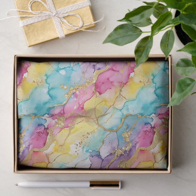 Papier Mousseline Pink Aqua Turquoise Yellow Purple Gold Marble (Cadeau)