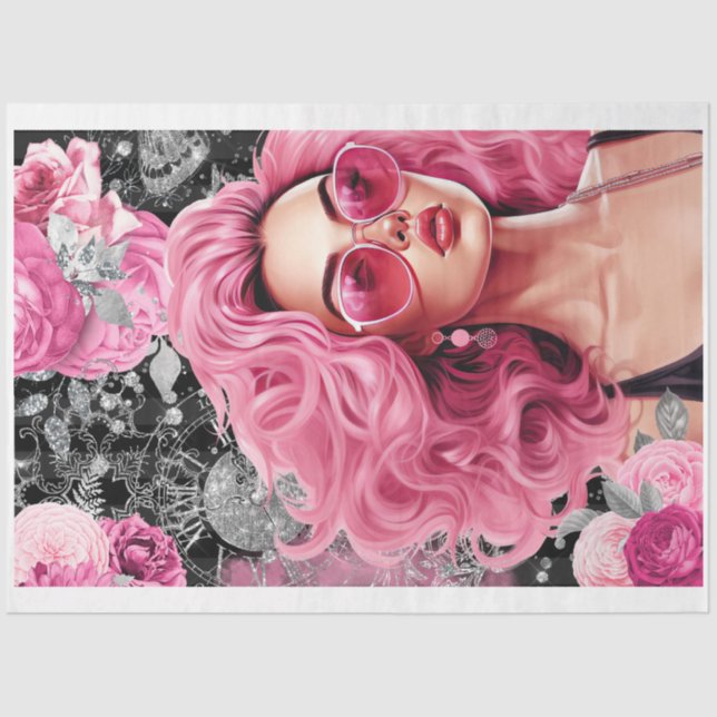 Papier Mousseline Pink & Black Shabby Glam Woman Découpage papier (Recto)