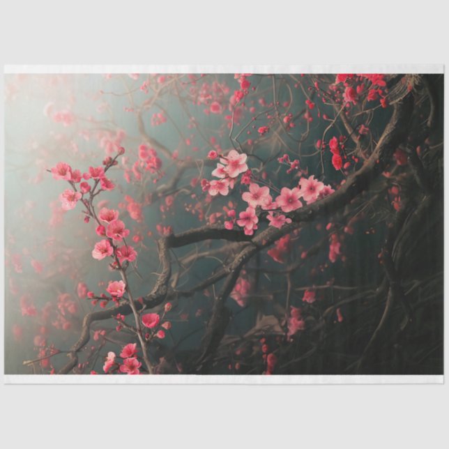 Papier Mousseline Pink cherry blossoms branches Ethereal (Recto)