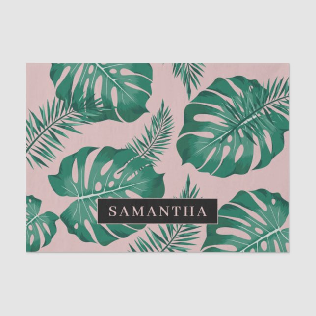Papier Mousseline Pink & Green Palm Feuille Motif & nom (Recto)