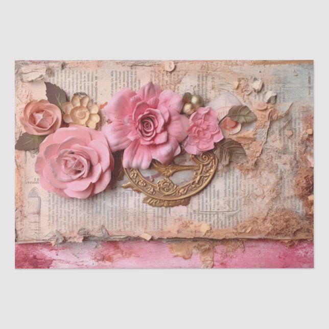 Papier Mousseline Pink Vintage Floral Grunge Decoupage (Recto)