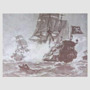 Papier Mousseline PIRATE BATAILLE NAVIRE noir blanc gris teintes