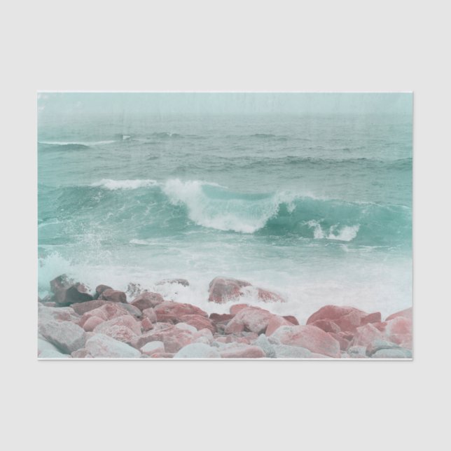 Papier Mousseline Plage côtière Ocean Vaves Turquoise Blanc Nautique (Recto)