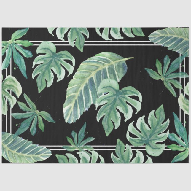Papier Mousseline Plage Tropical Jungle Feuillage noir et vert (Recto)