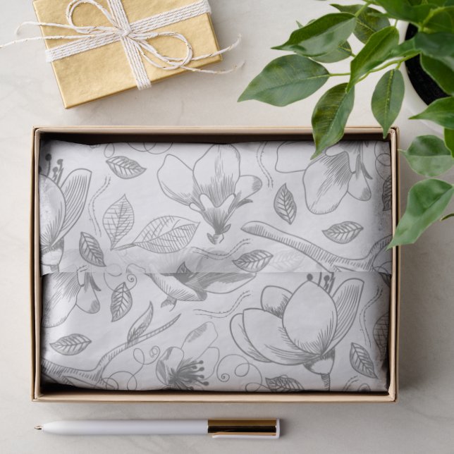 Papier Mousseline Plan floral esquissé Motif gris/Wht ID939 (Cadeau)