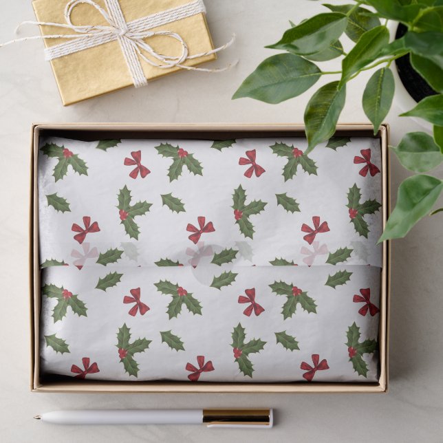 Papier Mousseline Plante Holly Commun Et Motif Red Bows (Cadeau)