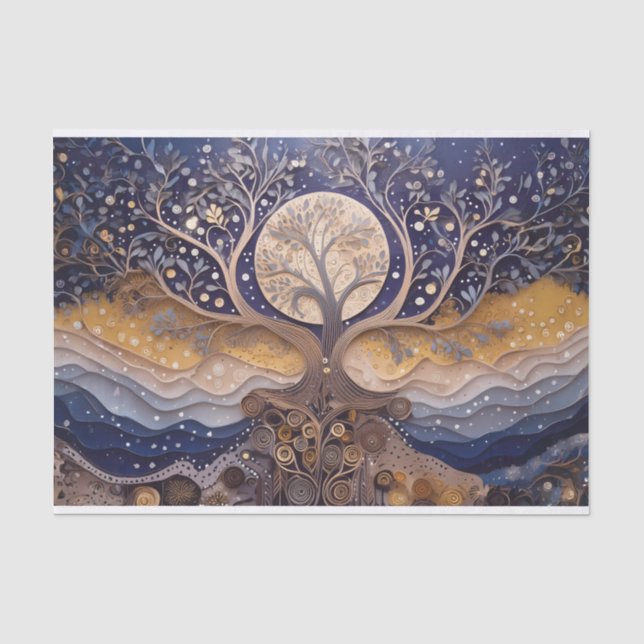 Papier Mousseline Pleine Lune, Arbre de Vie, Thème Céleste (Recto)