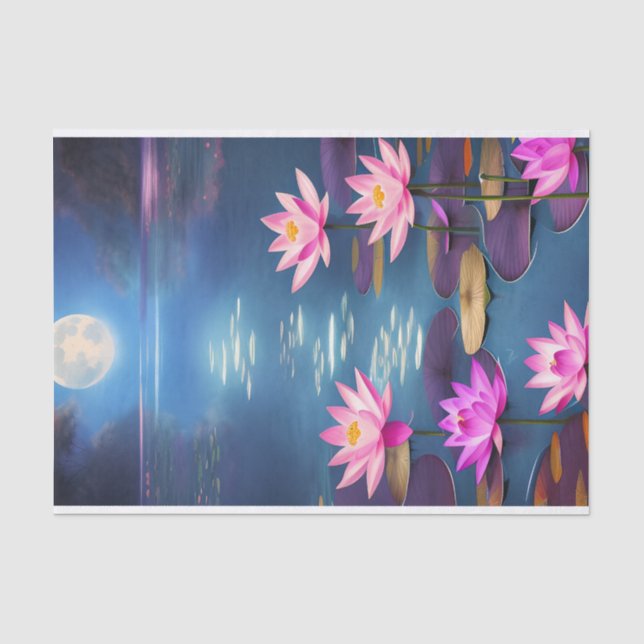 Papier Mousseline Pleine lune et belles fleurs de Lotus roses (Recto)