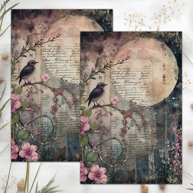 PAPIER MOUSSELINE PLEINE LUNE ET OISEAU DECOUPAGE MIXTE MEDIA (FULL MOON AND BIRD MIXED MEDIA DECOUPAGE TISSUE PAPER)