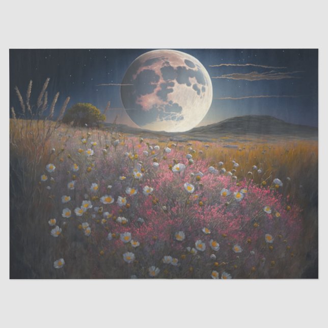 Papier Mousseline Pleine lune sur le champ rose de fleurs Découpage (Recto)