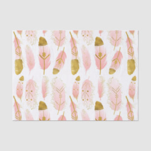 Papier Mousseline Plumes de Bohême rose avec huile d'or