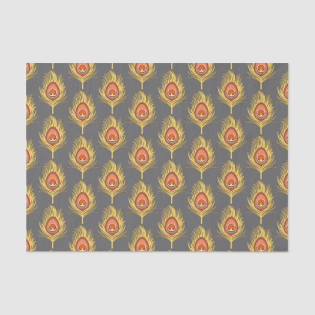 Papier Mousseline Plumes de paon, jaune moutarde sur gris / gris (Recto)