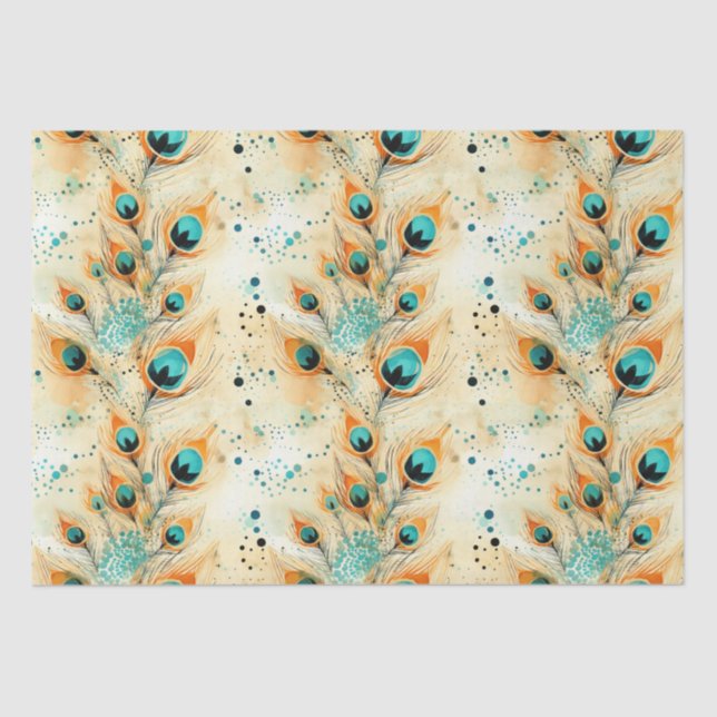 Papier Mousseline Plumes de paon orange Peach Aqua Tropical (Recto)
