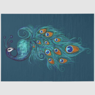 Papier Mousseline Plumes de paon Peacocks Turquoises