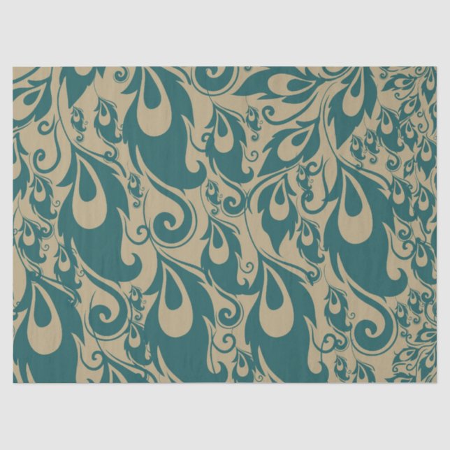 Papier Mousseline Plumes Peacock à crème turquoise (Recto)
