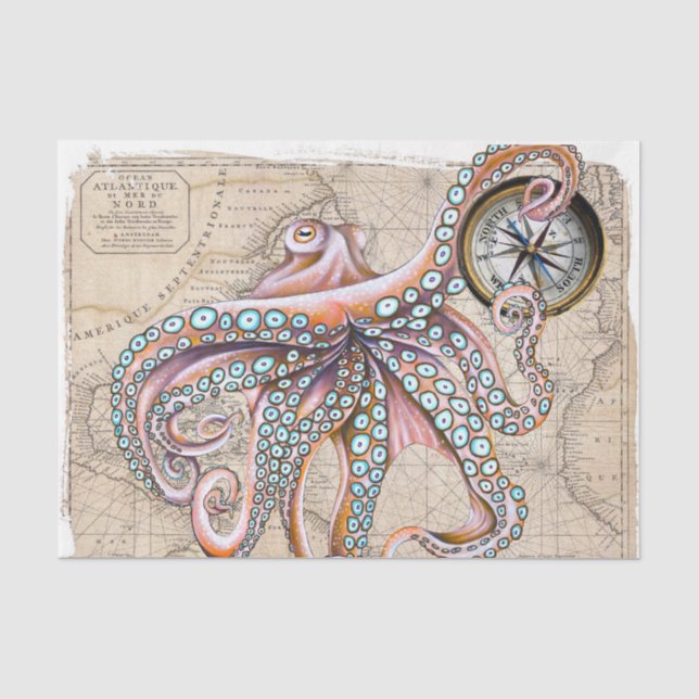 Papier Mousseline Poctopus rose Carte Vintage complète Plage Compass (Recto)