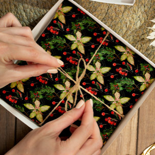Papier Mousseline Poinsettia et baies élégantes sur le noir