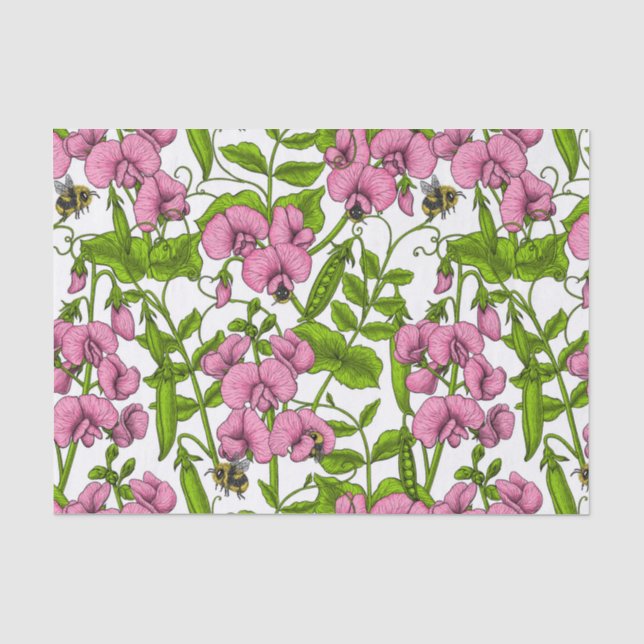 Papier Mousseline Pois doux et bourdons, rose, vert et blanc (Recto)