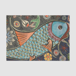 Papier Mousseline Poisson vintage en mosaïque avec fleurs Abstraites
