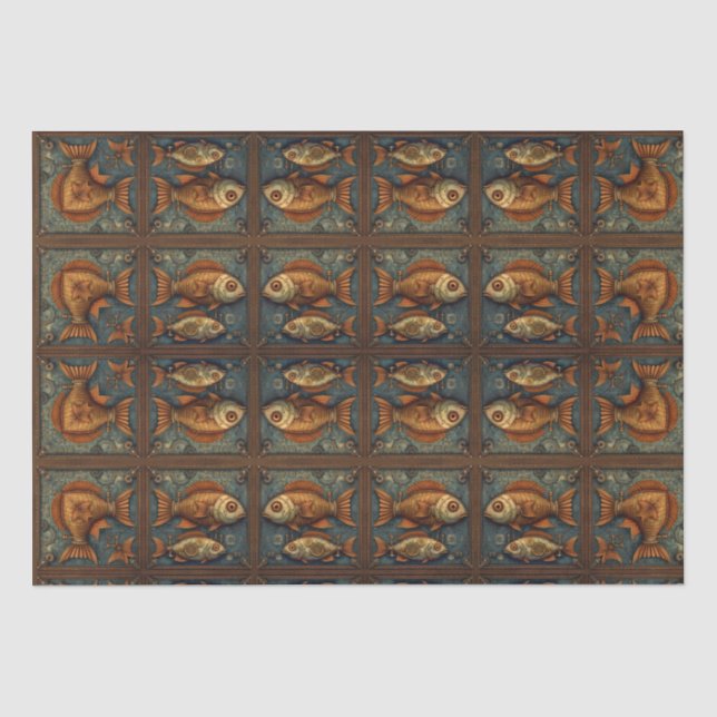 Papier Mousseline Poissons Steampunk Vert et Golden brown (Recto)