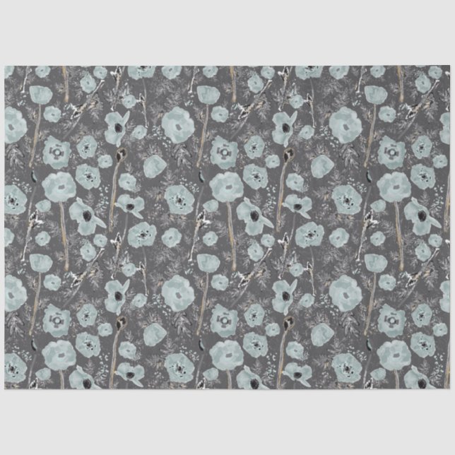 Papier Mousseline Poppies Gris Bleu Charbon Floral (Recto)