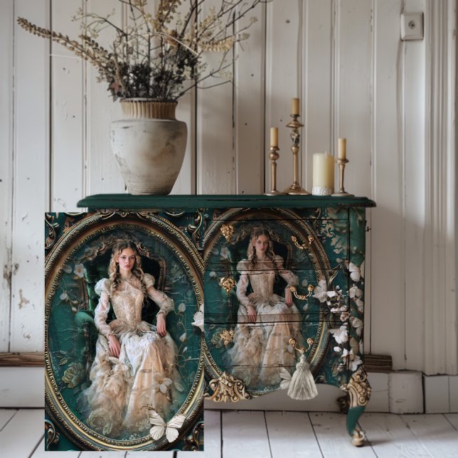 Papier Mousseline Portrait Art Edwardian Era Emerald Green (Vintage Edwardian Era Haunting Beauty Portrait Floral & Butterflies Furniture Decoupage Tissue Paper)