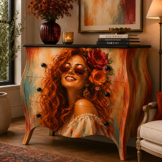 Papier Mousseline Portrait de femme Cheveux Rouges Fleuris Sourire