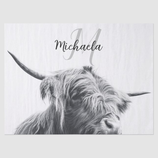 Papier Mousseline Portrait de vache Highland premier monogramme noir (Recto)