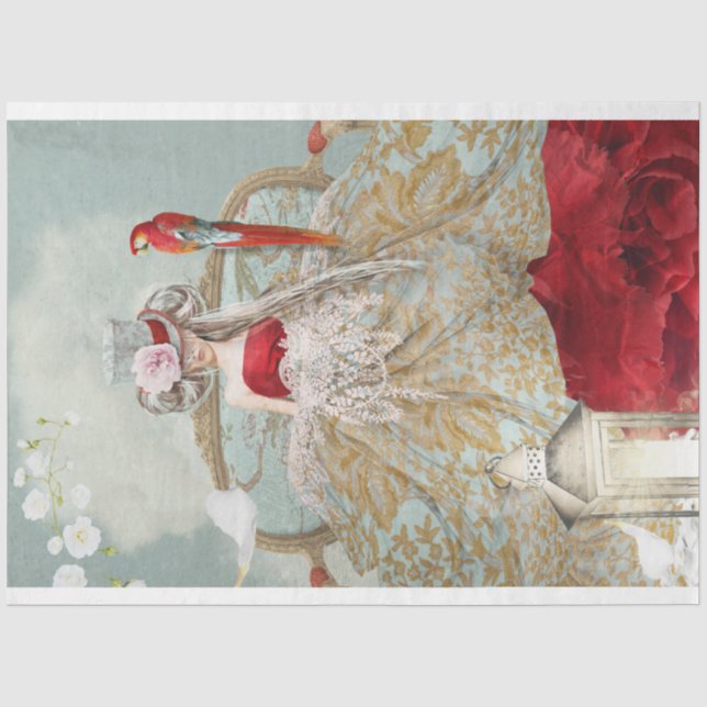 Papier Mousseline Portrait fille assise Oiseau et art floral (Recto)