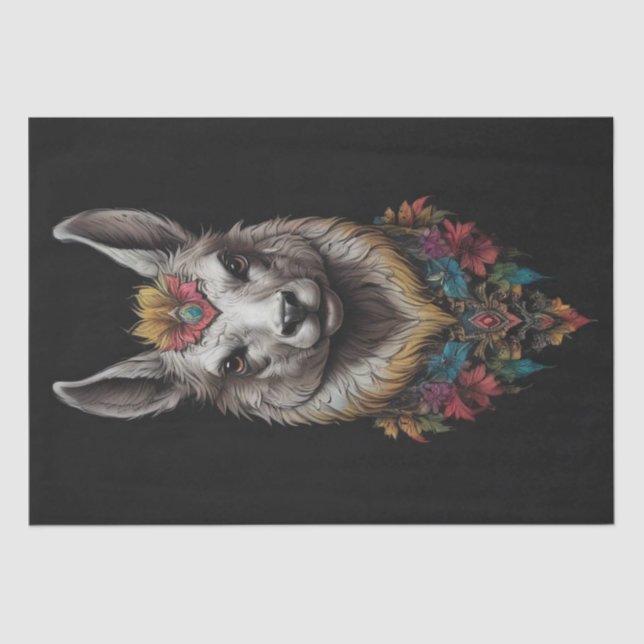 Papier Mousseline Portrait Llama Et Fleur, Papier Tissu Découpage (Recto)