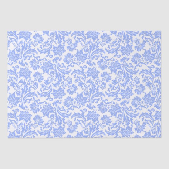 Papier Mousseline Poudre bleu et blanc Damas florales (Recto)