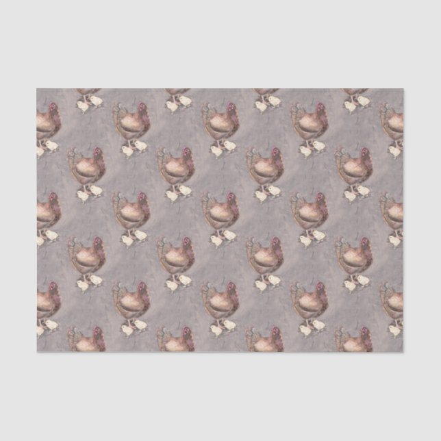 Papier Mousseline Poule de mère et aquarelle de poussins (Recto)