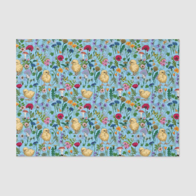 Papier Mousseline Poulets et fleurs sauvages sur bébé bleuChat dessi (Recto)