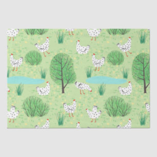Papier Mousseline Poulets mignons blancs de prairie verte poules de
