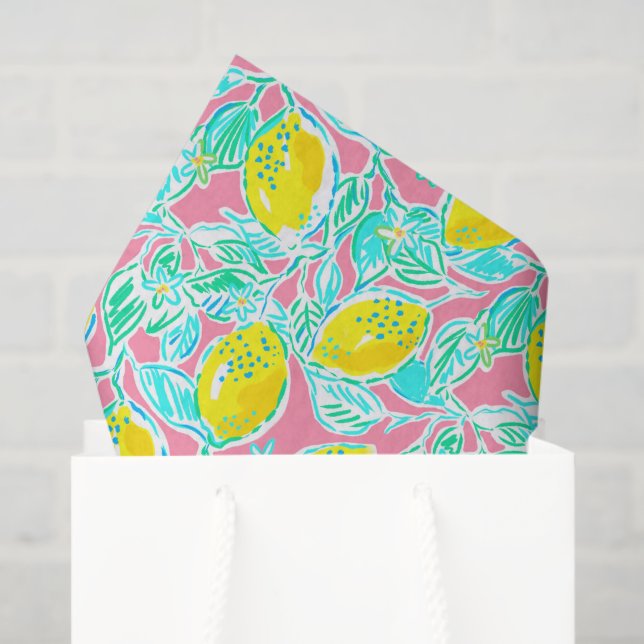 Papier Mousseline Preppy Palm Beach Imprimer Citrons rose et jaune (Sac cadeau)